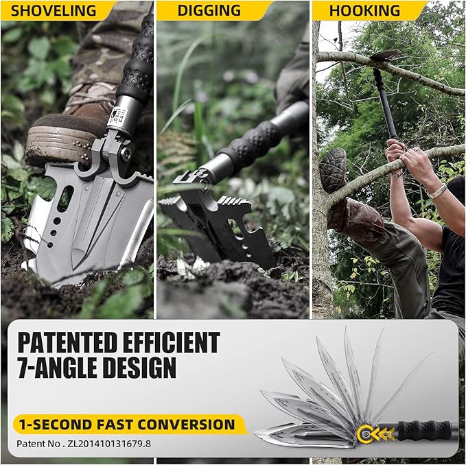 Zune Lotoo Survival Shovel Multitool 28 in 1 Luxury Kit, Tactical Camping Folding Shovel, Unbreakable Martensitic Steel Adjustable 7 Angles 24-35.4'' Length, Compact Gear for Outdoor Hiking Emergency