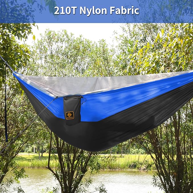 Camping Hammock, Portable Hammocks with Mosquito Net,Lightweight Nylon Parachute Hammock with 10ft Tree Straps,Camping Gear Must Haves for Travel Hiking Backpacking Beach Patio-Deep Grey&Blue