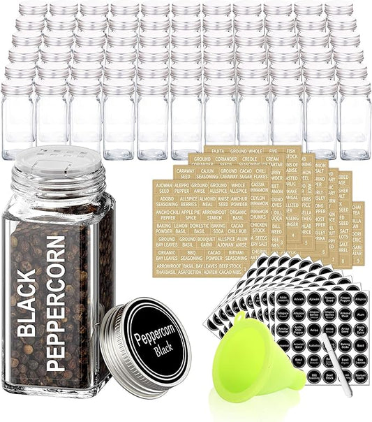 SWOMMOLY 66 Glass Spice Jars with 703 Spice Labels, Chalk Marker and Funnel Complete Set. 66 Square Glass Jars 4oz, Airtight Cap, Pour/sift Shaker Lid