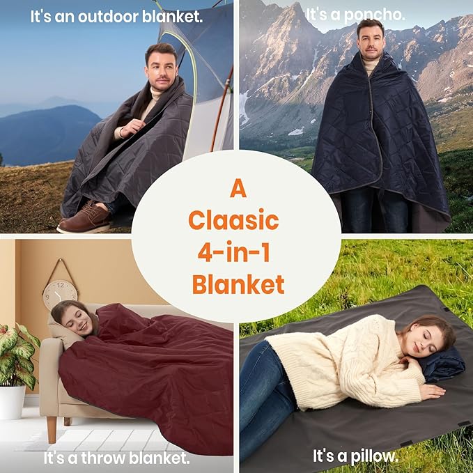 4-in-1 Large Outdoor Blanket - Waterproof & Windproof Thickened Warm Fleece Camping Blanket for Stadium, Hiking, Sporting Events - 81"x57", Packable (Camouflage)
