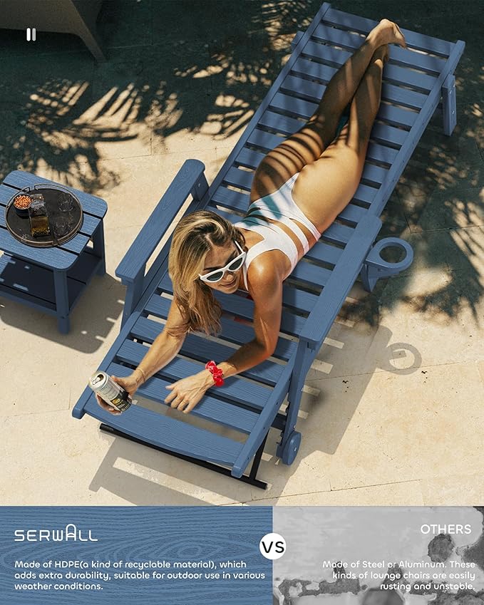SERWALL Patio Chaise Lounge Chair Set of 2, 78'' Long 5-Positions Adjustable HDPE Outdoor Lounge Chair for Pool, Poly Lounge Chair with Rolling Wheels & Cup Holder for Poolside, Deck, Blue