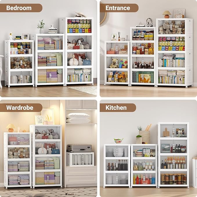 640QT Extra Large Stackable Storage Bins, 160Gal Clear Plastic Closet Organizer Cabinet with Lid and Wheels, Collapsible Latch Boxes Folding Drawer with Door for Home Kitchen, V20 4Pack White