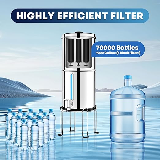 Gravity Water Filter System with 3 Stage 0.001μm Ultra-Filtration, 2.25G Stainless Steel Countertop Water Filtration System, Include 3 Filters, Metal Stand&Spigot, Reduce 99.99% Chlorine-2025 Upgraded