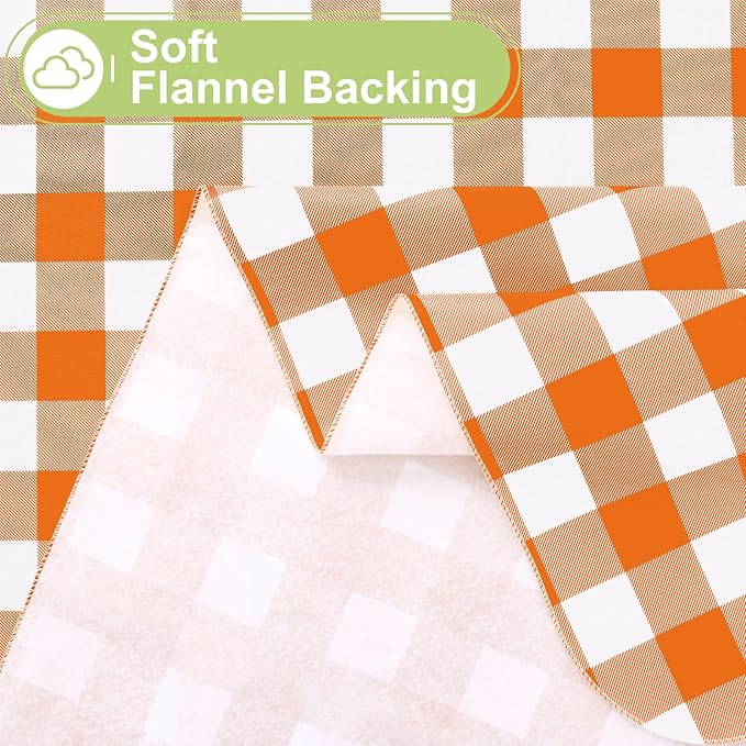 Smiry Rectangle Table Cloth, Waterproof Vinyl Tablecloth with Flannel Backing, Wipeable Buffalo Plaid Table Cover for Dining, Indoor and Outdoor (Orange & White, 60"x102")