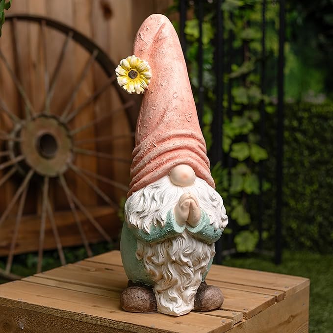 Alpine Corporation MCC846 Indoor/Outdoor Praying Gnome with Sunflower Garden Statue, Peaceful Gnome Statue w/Hat, 23" H, Pink