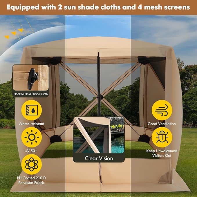 Tangkula 6.7x6.7 Ft Pop Up Gazebo with Netting, Portable Screen Tent with 4 Sided Mesh Walls, 2 Sunshade Cloths, UV 50+ Instant Canopy Shelter with Carry Bag for Camping, Lawn, Backyard