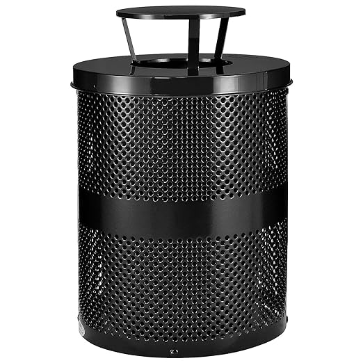 Global Industrial 32 Gallon Outdoor Perforated Steel Round Trash Can with Rain Bonnet Lid, Plastic Liner and Anchor Kit Included, 23-1/2" Diameter x 40-1/2"H, Black