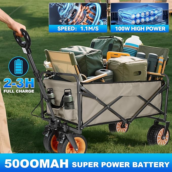 Electric Collapsible Garden Wagon Cart with Wheel,Rolling Foldable Metal Utility Wagon Carts,100w Power and 300lb Capacity, Portable for Camping,Sports,Shopping,Groceries,Laundry