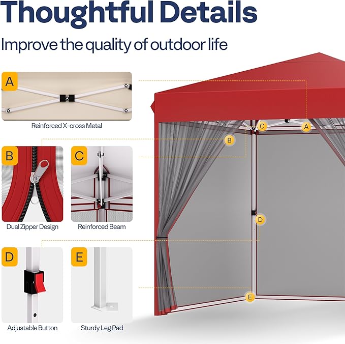 VIVOHOME 10x10ft Easy Pop-Up Canopy, Outdoor Screen Tent with Mosquito Netting, 2 Zipper Doors, and Roller Bag for Yard Camping Picnic Party Events, Red