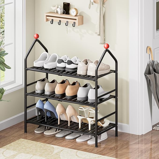 Shoe Rack, 3-Tier Shoe Organizer, Metal Storage Shelf, Shoe Rack for Closet, Free Standing Shoe Racks for Entryway, Garage & Doorway, Sturdy Shoe Shelves, Black