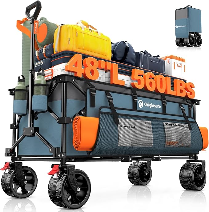 48" L Collapsible Wagon Cart Foldable, 560LB Weight Capacity 300L Heavy Duty Folding Beach Wagons with Big All-Terrain Wheels, Utility Carts for Groceries, Shopping, Camping, Sports - Grey&Blue