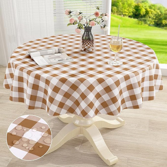 misaya Round Waterproof Vinyl Table Cloth, Buffalo Flannel Backed Tablecloth, Wipeable Plastic Table Cover for Dinner, Kitchen, Picnic (60", Brown and White)