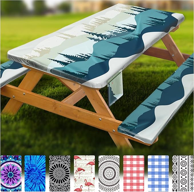Fitted Picnic Table Cover with Bench Covers Waterproof Elastic Edges Rectangle Patio Tablecloth Outdoor Camping Essentials Stuff Rv Accessories Summer Trip Travel Supplies Party Camper Gifts, 8 ft