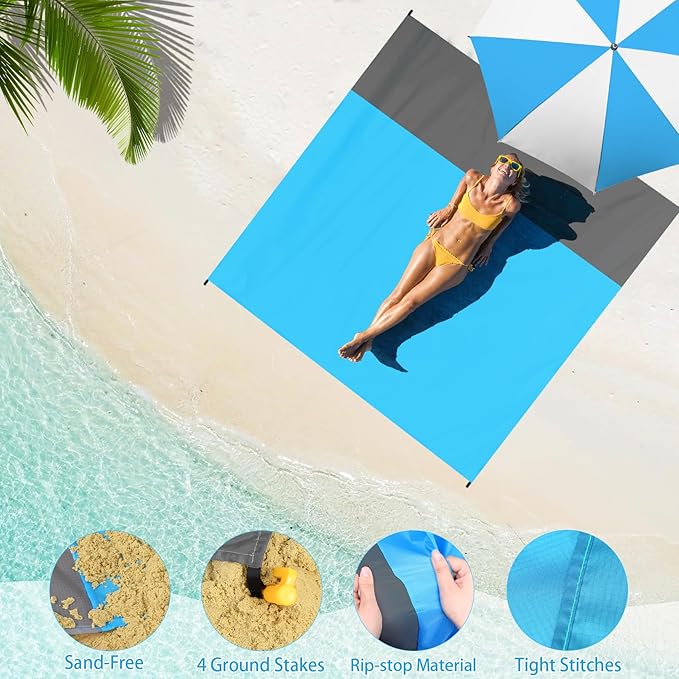 BYDOLL Beach Blanket Waterproof Sandproof 78''×81'' Suits1-4 Adults Compact Lightweight Oversized Sand-Free Blanket Large Picnic Mat for Beach Travel Camping Hiking