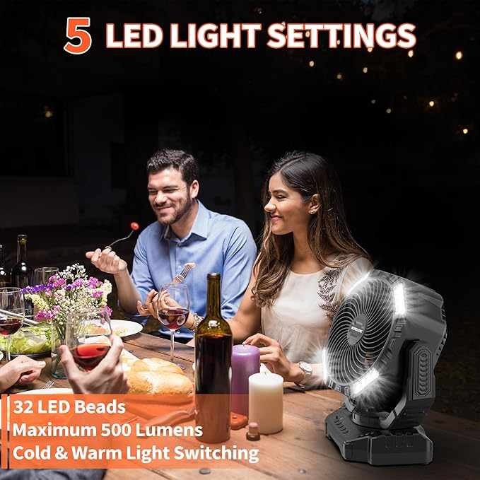 MORECORE 40000mAh Battery Operated Camping Fan with Light, 120HRS Running, Powerful 4 Speeds & Auto Oscillating, with Timer & Hook, for Travel Tent RV Emergency Hurricane Jobsite Garage-Black