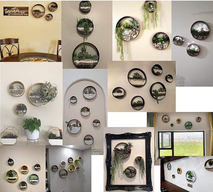 3 Pack Set Wall Planters,Modern Round Glass Wall Planter Succulent Planter Circle Iron Hanging Planter Vase for Herb,Small Cactus Perfect for Balcony, Room and Patio Decor (Gold)