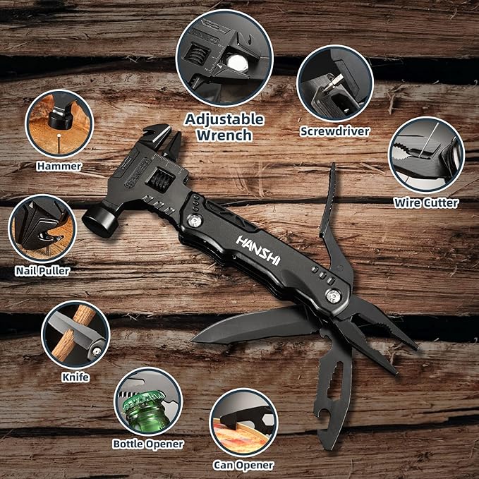 HANSHI Adjustable Wrench Multitool Hammer for Survival,16 in 1 Multitools Pliers with Nylon Sheath,Pocket Knife Multi Screwdriver Tool All in One Camping Accessories for Stocking Stuffers for Men