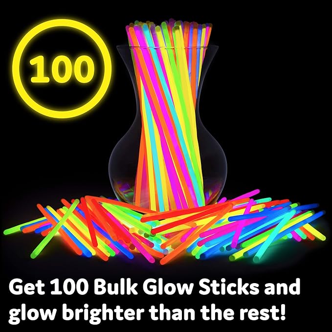 PartySticks Glow Sticks Party Supplies 100pk - 8 Inch Glow in the Dark Light Up Sticks Party Favors, Glow Decorations, Neon Party Glow Necklaces and Glow Bracelets with Connectors