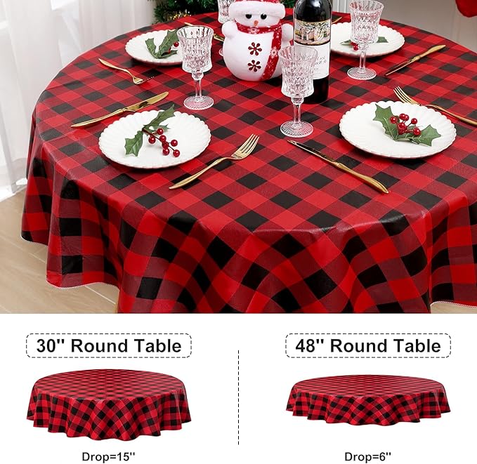 misaya Round Waterproof Vinyl Table Cloth, Buffalo Flannel Backed Tablecloth, Wipeable Plastic Table Cover for Dinner, Kitchen, Picnic (60", Red and Black)