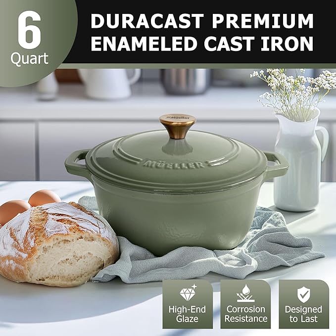 MÜELLERHOME 6 Quart Enameled Cast Iron Dutch Oven For Sourdough Bread Baking, Heavy-Duty, Oven-Safe up to 500° F & Across All Cooktops, Casserole Dishes, Green Kitchen Accessories, Thyme Green