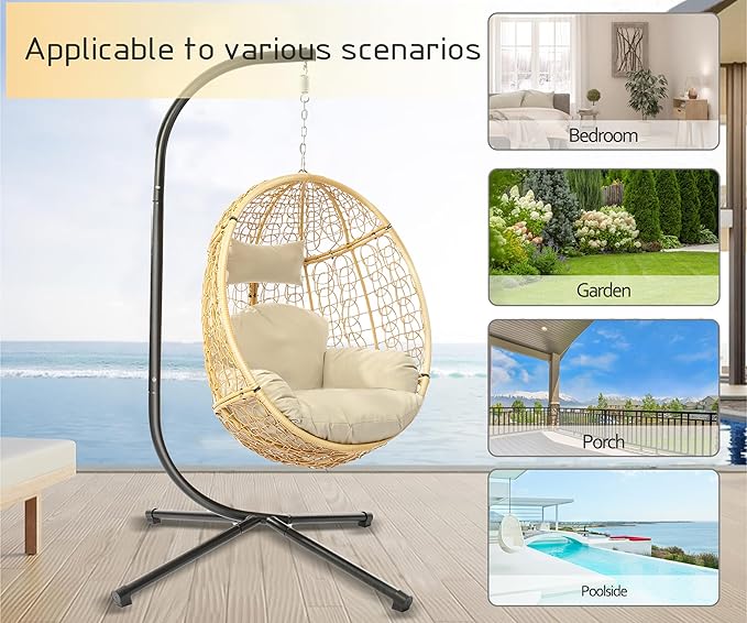DoubleTT Indoor/Outdoor Wicker Swing Egg Chair Hammock Hanging Chair Nest Basket with Stand, UV Resistant Removable & Washable Cushions,350LBS Capacity for Bedroom, Balcony, Garden (Yellow and Beige)