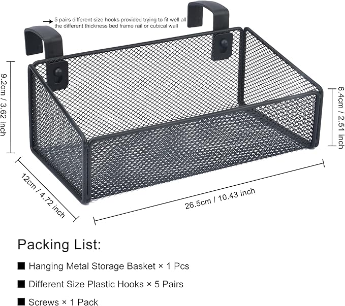 Bedside Caddy Hanging Storage Basket Beside Shelf Metal Organizer for Collage Dorm Bunk Bed,Hospital Bed,Baby Bed - Bedroom Essentials for Magazine,Remote Control,Phone,Drinks (Black)