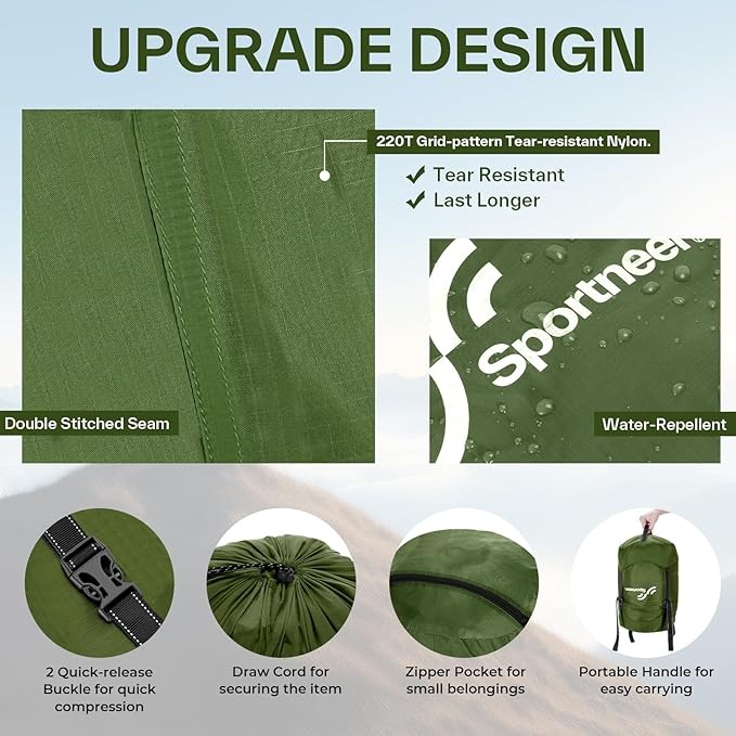 Sportneer Compression Sack, 13L/20L/40L/50L Sleeping Bag Stuff Sack, Tear-Resistant Ultralight Sleeping Bag Compression Sack-Space Saving Gear for Camping Hiking Travel