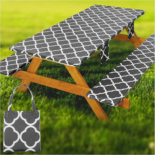 Fitted Picnic Table Cover with Bench Covers Waterproof Elastic Edges Rectangle Patio Tablecloth Outdoor Camping Essentials Stuff Rv Accessories Summer Trip Travel Supplies Party Camper Gifts, 8 ft