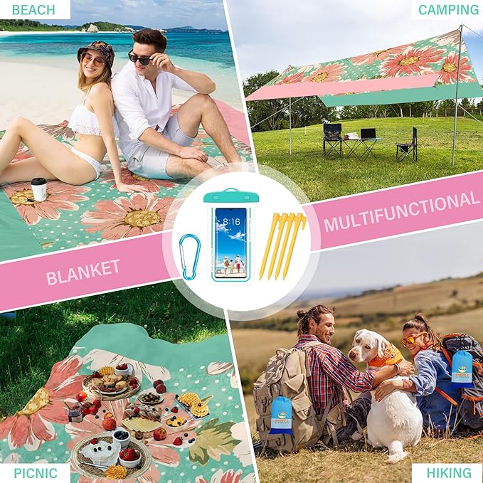BYDOLL Beach Blanket Waterproof Sandproof 78''×81'' Suits1-4 Adults Compact Lightweight Oversized Sand-Free Blanket Large Picnic Mat for Beach Travel Camping Hiking