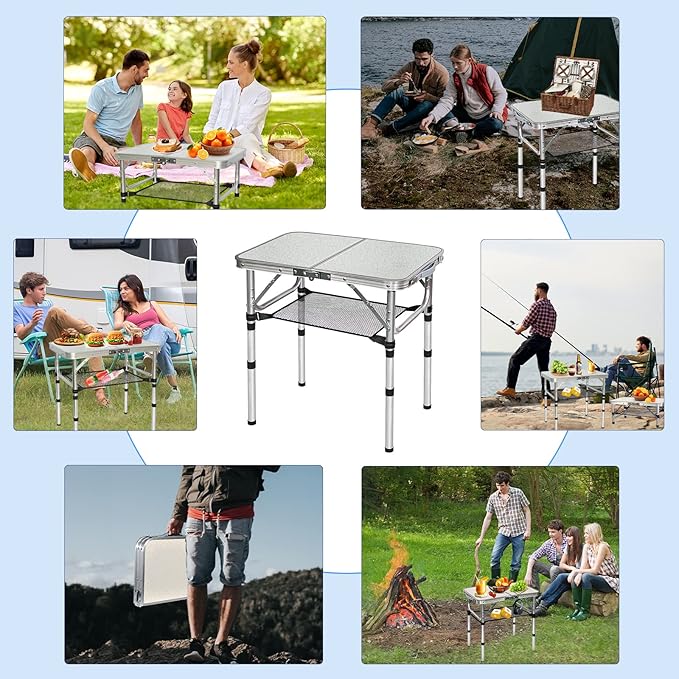 Small Folding Camping Table, Aluminum 3 Adjustable Height Foldable Table, 24" x 16" Portable Lightweight Picnic Table with Mesh Layer for Outdoor Indoor Beach Patio BBQ Backpacking(White)