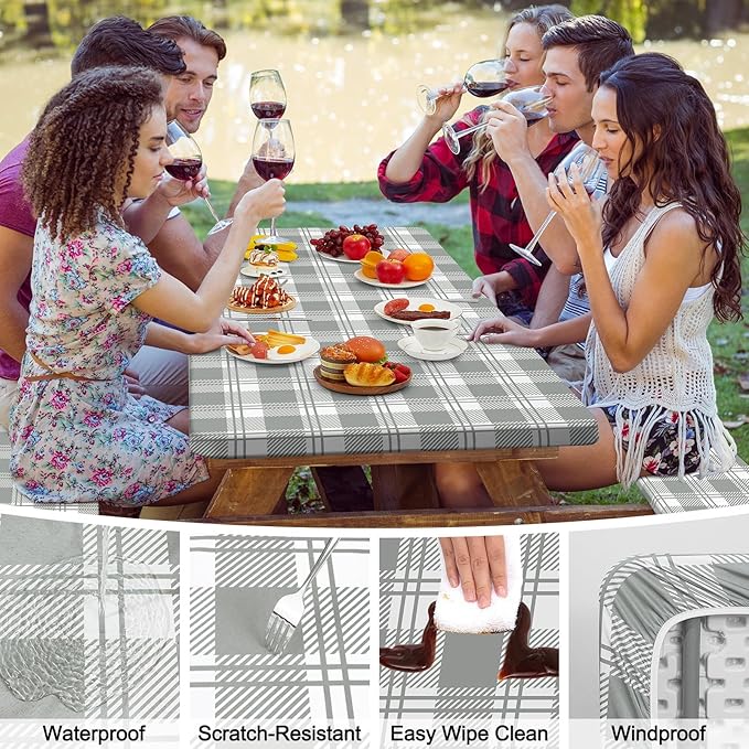 Picnic Table Cover with Bench Covers Camping Tablecloth with Storage Bag Windproof Waterproof Picnic Table Covers with Elastic for Camping