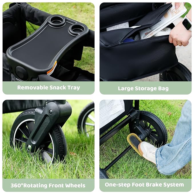 Wagon Stroller for 2 Kids, All-Terrain Stroller Wagon, Foldable Kids Wagon Cart Featuring with Harnesses, Adjustable Double Push Handle, Removable Canopy, Snack Tray, Large Storage Bag, Black