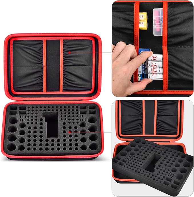 Comecase Battery Organizer Storage Box, Carrying Case Bag Holder - Holds 140+ Batteries AA AAA AAAA C D 9V - with Battery Tester - Red(Batteries are Not Included)