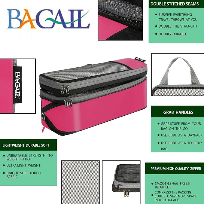 BAGAIL 4 Set/6 Set/8 Set Compression Packing Cubes Travel Accessories Expandable Packing Organizers (Half Mesh, 6-Fuchsia)
