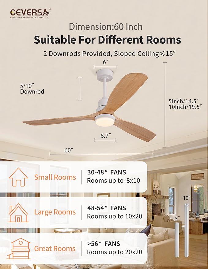 60 Inch Outdoor Natural Wood Ceiling Fans with Lights and Remote, 3 Blades Wood Outdoor Ceiling Fans, Noiseless Reversible DC Motor, for Patio,Living Room,Bedroom,Indoor,Farmhouse