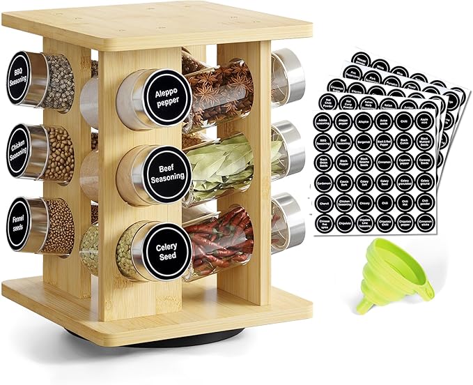 WelFurGeer Bamboo Spice Rack Organizer for Countertop, Revolving Spice Shelf with 12 Glass Jars, Lids & Labels, Desktop Rotating Seasoning Organizer for Kitchens, Space-Saving Design