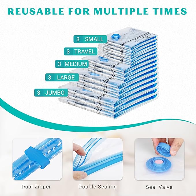 Vacuum Seal Bags for Clothing Travel, 15 Combo - Vacuum Storage Bags, Compression Bags for Travel, Blankets Luggage Clothes - Hand Pump Included（3 Jumbo, 3 Large, 3 Medium, 3 Small, 3 Roll Up Bags）