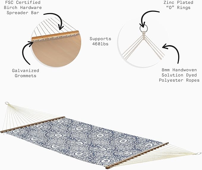 Fab Habitat Farmhouse Recycled Polyester Hammock - Spanish Tile - Blue - Indoor/Outdoor, Quick Dry, 2 Person 460 lbs Capacity - Patio, Poolside, Backyard, Garden, Beach, Balcony - 12-14 ft Adjustable