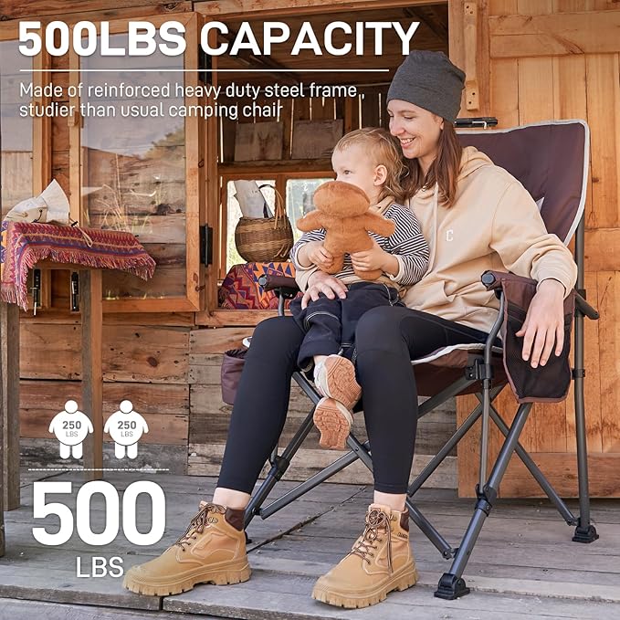 EVER ADVANCED Oversized Folding Camping Chair for Adults, Heavy Duty Lawn Chair with Side Pockets, Portable Collapsible Quad Chair for Outside, Support Up to 500lbs