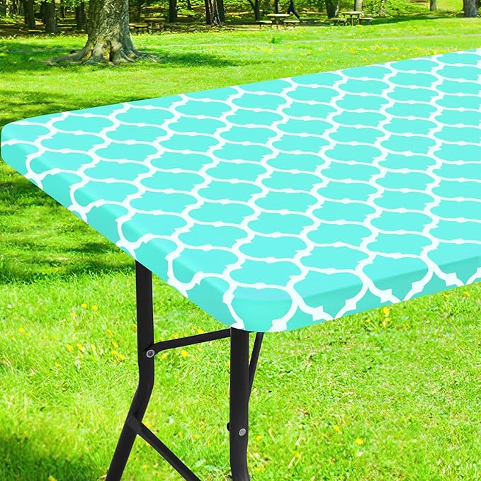 Smiry Rectangle Picnic Table Cover, Waterproof Elastic Fitted Camping Tablecloths for 8 Foot Tables, Wipeable Flannel Backed Vinyl Tablecloth Protector for Indoor, Outdoor (Teal, 30x96 Inches)