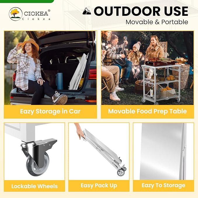 Folding Grill Cart, Metal Pizza Oven Stand Table with 2 Total Lock Casters,3 Shelf Foldable Kitchen Island Cart,Stainless Steel Outdoor Rolling Cart with Wheels for Home Party, Bar, Camping（White）