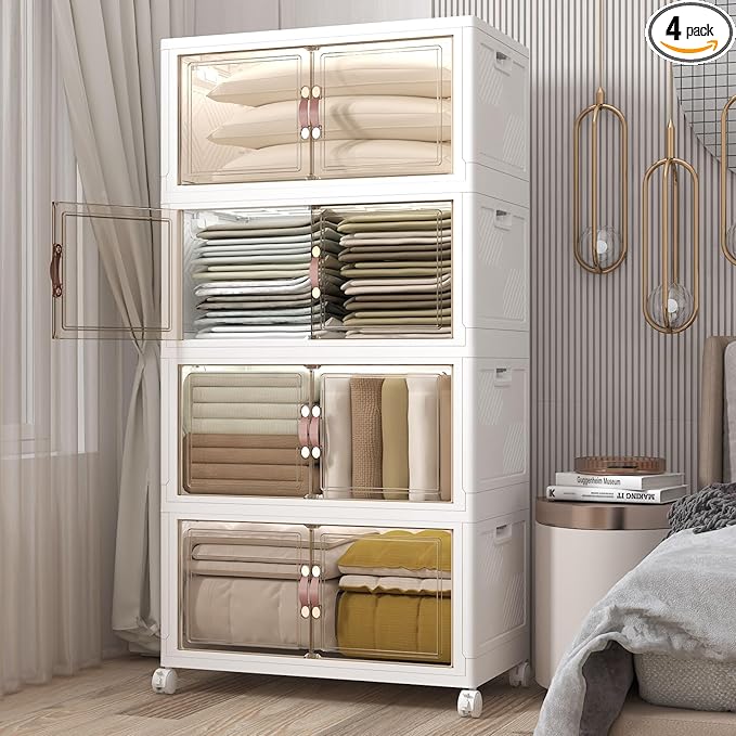 Extra Large Stackable Storage Binswith lids & Wheels, Foldable Collapsible Closet Organizers,672QT-168QT/42GAL*4Pack Plastic Containers with door & drawers for bedroom Dorm