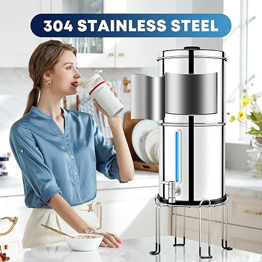 3.5 Gallon Gravity Water Filter System with 3 Stage 0.001μm Ultra-Filtration, Stainless Steel Water Filtration System, Include 3 Filters, Metal Stand&Spigot, Reduce 99.99% Chlorine - 2025 Upgraded