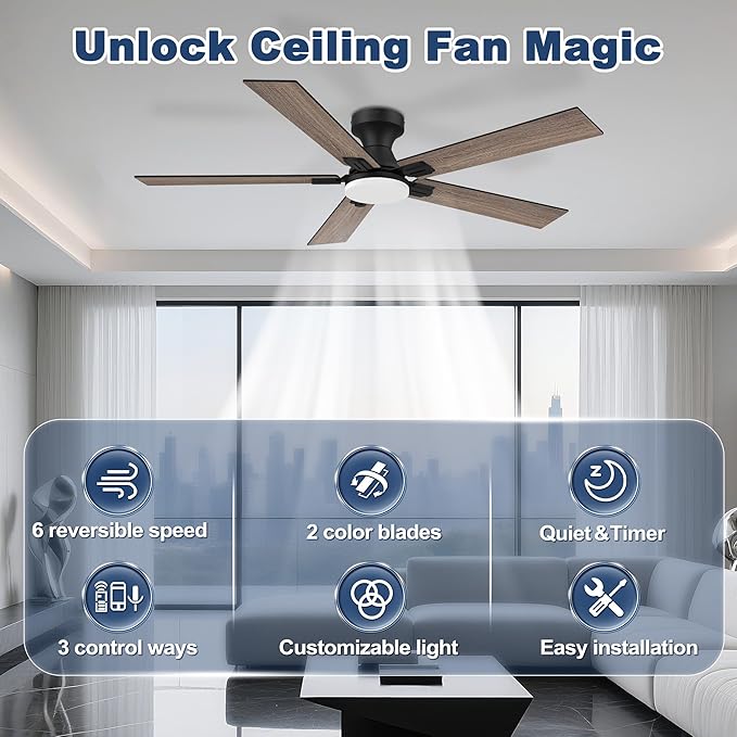 cumilo 52 inch Smart Low Profile Ceiling Fan with Lights Remote,Control via Alexa APP WIFI,Quite DC Motor,Dimmable LED,Flush Mount Outdoor Indoor Ceiling Fans for Bedroom Patio Porch,Black&Walnut