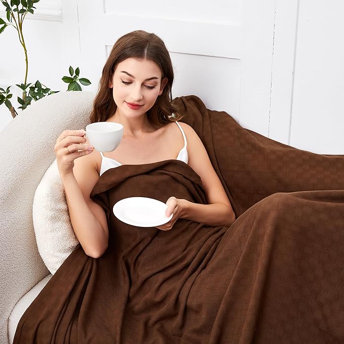 AmyHomie Cooling Blanket Queen Size, 100% Rayon Derived from Bamboo, Cool Summer Blanket for Hot Sleepers Soft Comfy Lightweight Checkered Blankets for All Seasons(Mocha, 90”x90”)