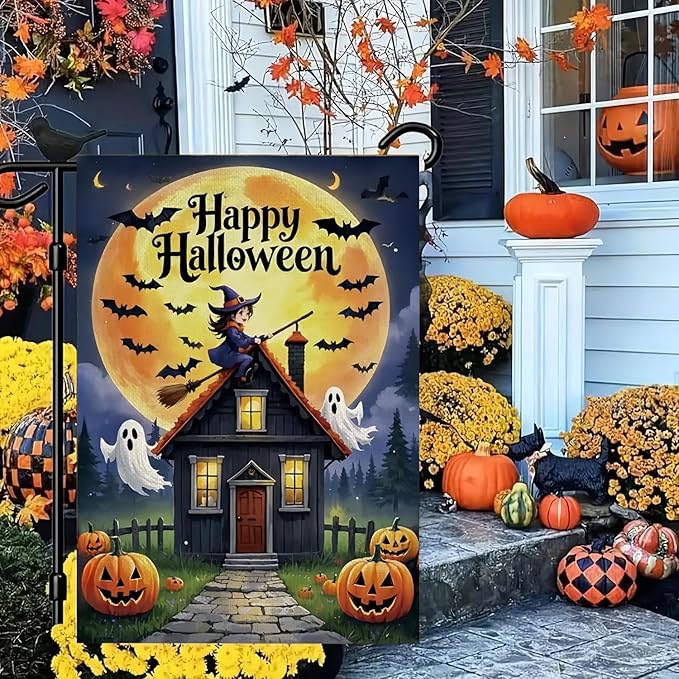 Happy Halloween Garden Flag 12X18Inch Double Side,Witch Yard flag for Outdoor,Pumpkin Small Garden Flag Decorative,Outside House Flag for Holiday Patio Courtyard Lawn