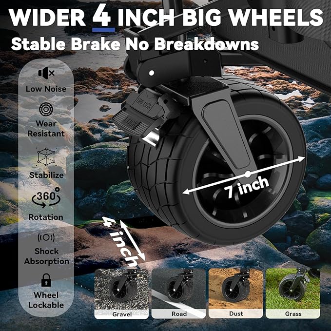 FUNDANGO 600lbs Heavy Duty Wagon, Foldable Beach Collapsible Wagons Garden Cart with Brakes, Side Pockets & All-Terrain Big Wheels for Sports Camping Shopping Groceries, Black