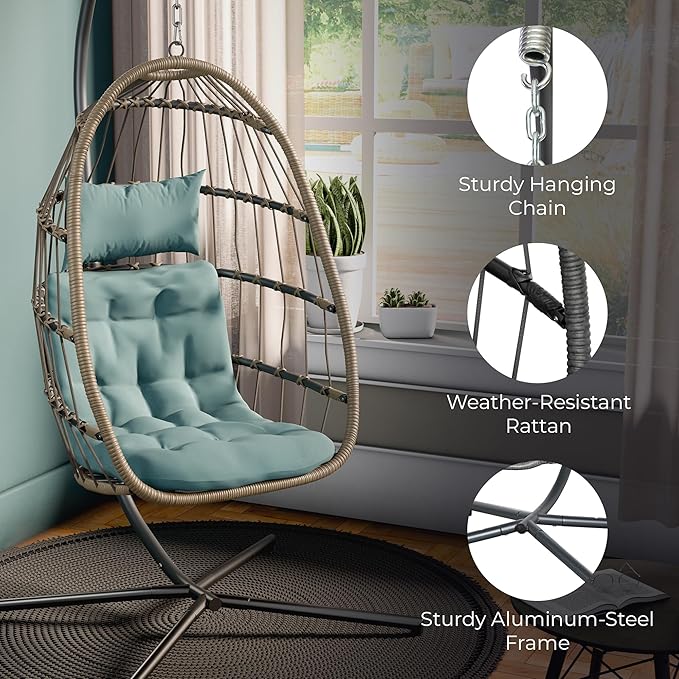 Econohome Hanging Egg Chair with Stand - Indoor/Outdoor Swing Hammock Chair with Plush, Washable Cushions, 350LBS Capacity, Ideal for Relaxation in Bedrooms, Balconies, Gardens, and Patios