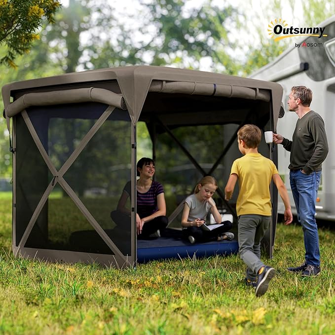 Outsunny Pop Up Gazebo Screen Tent House, 11 x 11ft with UPF30+ Removable Roof Cover, 4 Roll-up Wind Panels and Carry Bag for Camping, Patio, Backyard, Lawn, Brown