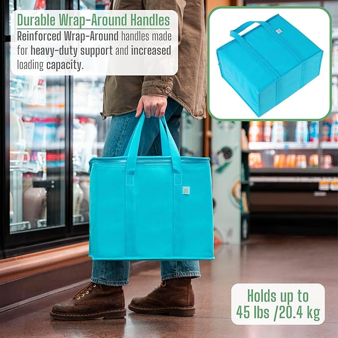 VENO 3 Pack Cooler Bag and Insulated Grocery Bags for Food Delivery, Collapsible Cooler, Reusable Shopping Bags for Groceries with zipper, Foldable, Heavy-Duty, Stands Upright (Cyan, 3 Pack)